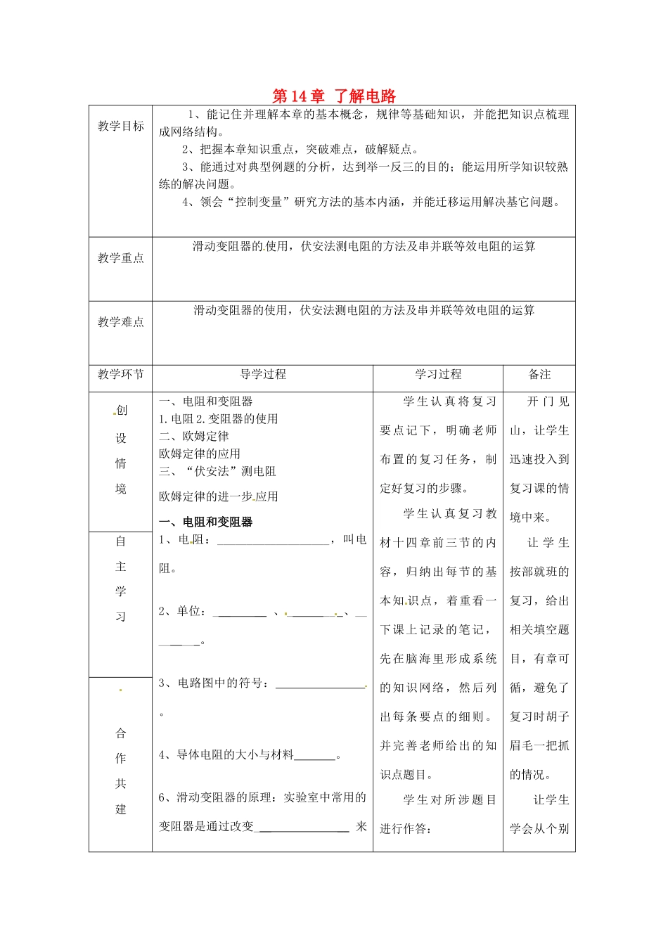 山东省临沂市蒙阴县第四中学九年级物理全册 第14章 了解电路复习教案 （新版）沪科版_第1页