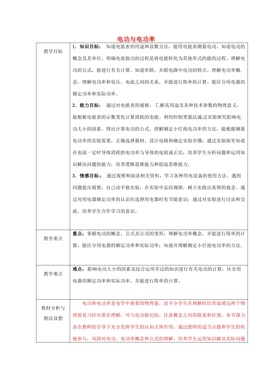 山东省临沂市蒙阴县第四中学九年级物理全册 电功与电功率复习教案1 （新版）沪科版_第1页