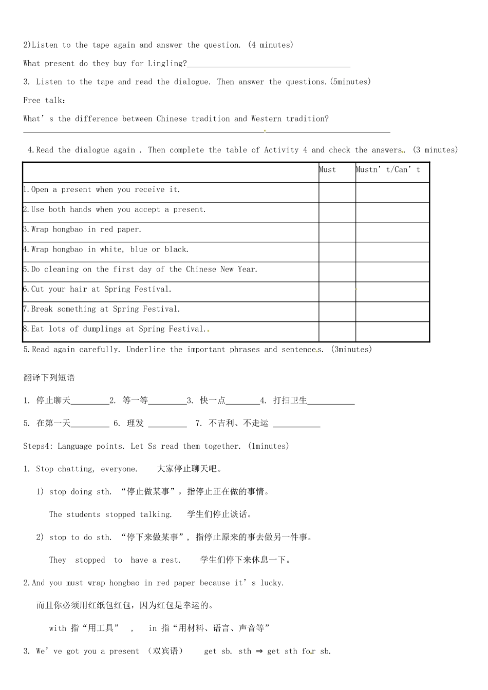 山东省东阿县姚寨中学八年级英语 M12 Unit 1 You must wait and open it later 教案 _第2页