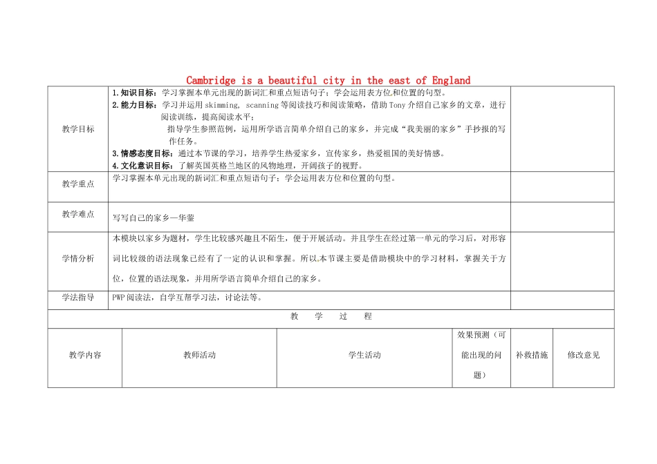 小学八年级英语上册 Module 2 Unit 2 Cambridge is a beautiful city in the east of England教案 （新版）外研版-（新版）外研版初中八年级上册英语教案_第1页