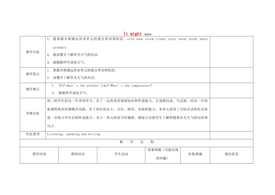 小学八年级英语上册 Module 10 Unit 1 It might snow教案 （新版）外研版-（新版）外研版初中八年级上册英语教案_第1页