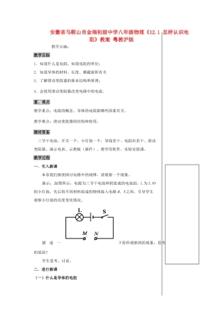 安徽省马鞍山市金瑞初级中学八年级物理《12.1 怎样认识电阻》教案 粤教沪版