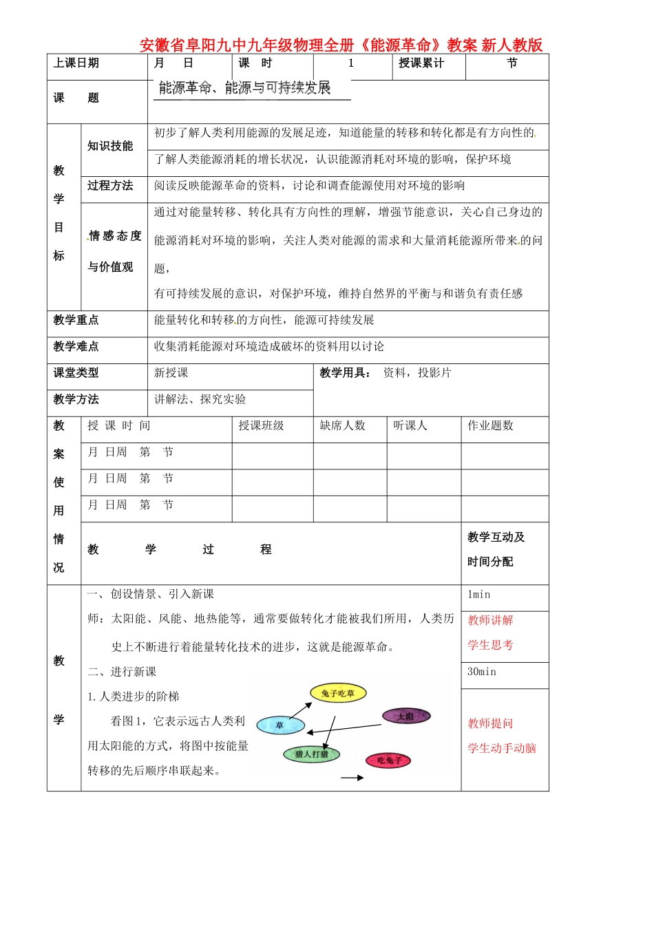 安徽省阜阳九中九年级物理全册《能源革命》教案 新人教版_第1页