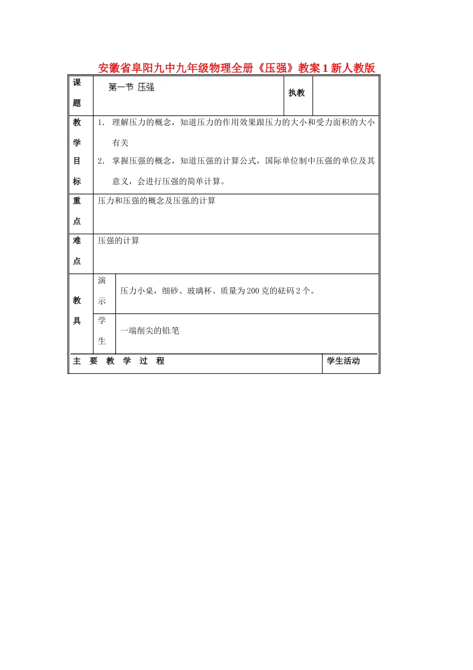 安徽省阜阳九中九年级物理全册《压强》教案1 新人教版_第1页