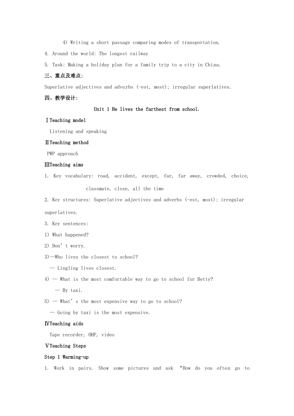 安徽省长丰县下塘实验中学八年级英语上册 Module 4 Planes, Ships and trains Unit 1 He lives the farthest from school教案 （新版）外研版_第2页