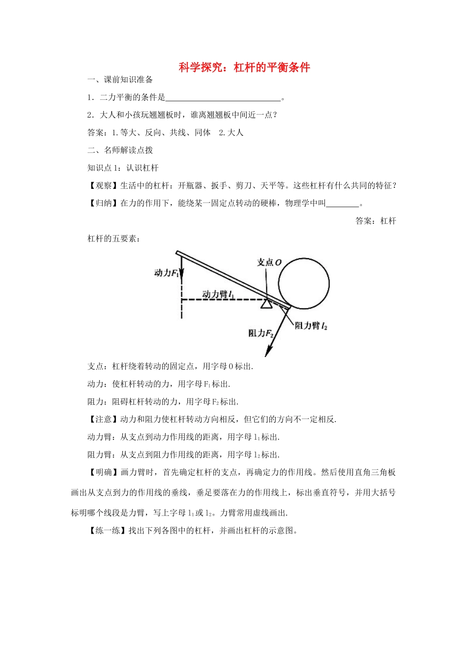 安徽省芜湖市芜湖县湾沚镇三元初级中学八年级物理全册《科学探究：杠杆的平衡条件1》教学设计 沪科版_第1页