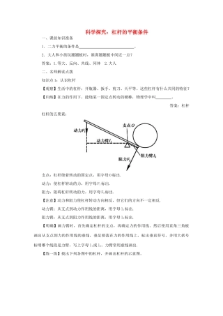 安徽省芜湖市芜湖县湾沚镇三元初级中学八年级物理全册《科学探究：杠杆的平衡条件1》教学设计 沪科版