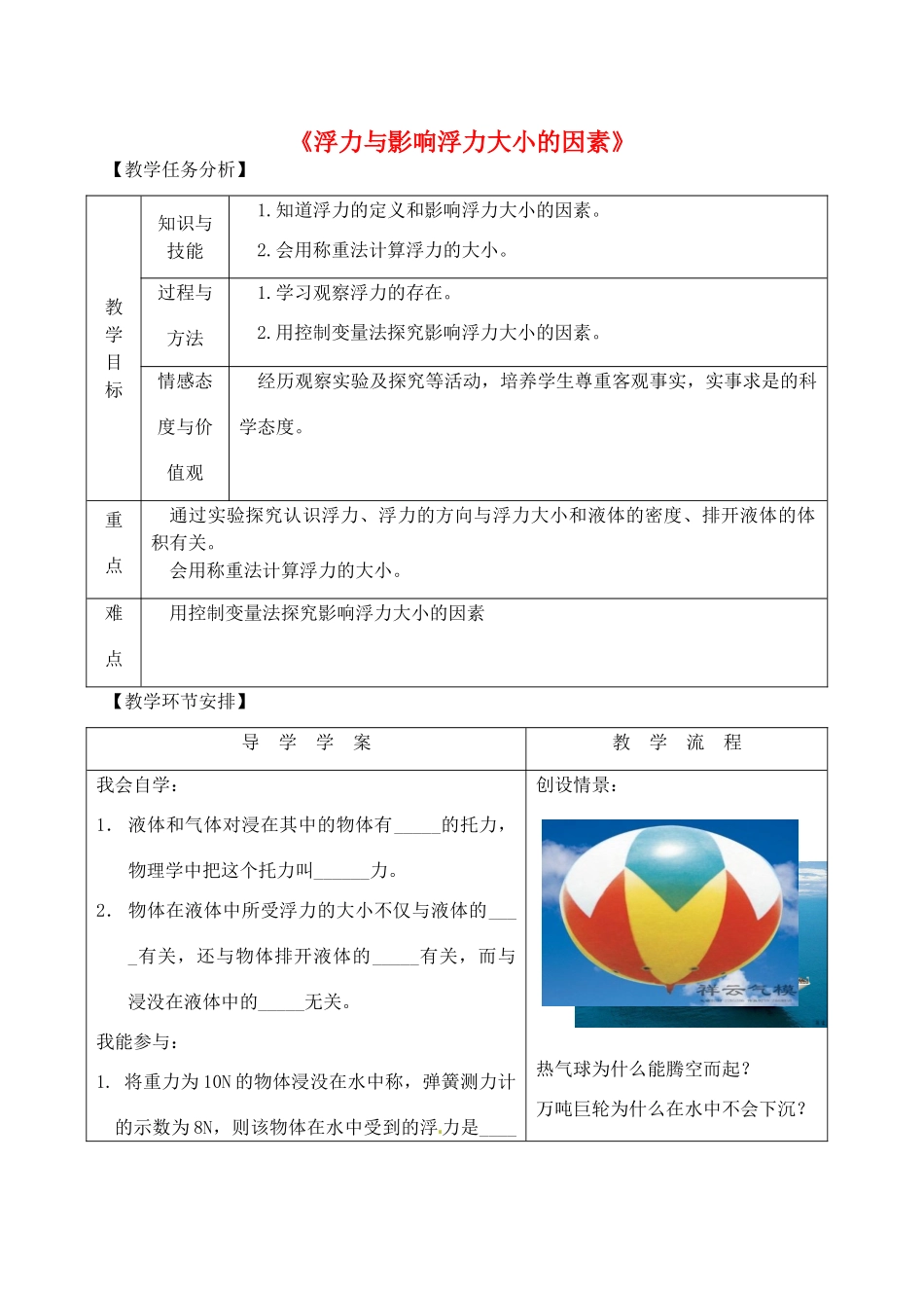 安徽省芜湖市芜湖县湾沚镇三元初级中学八年级物理全册《浮力与影响浮力大小的因素》教学设计 沪科版_第1页