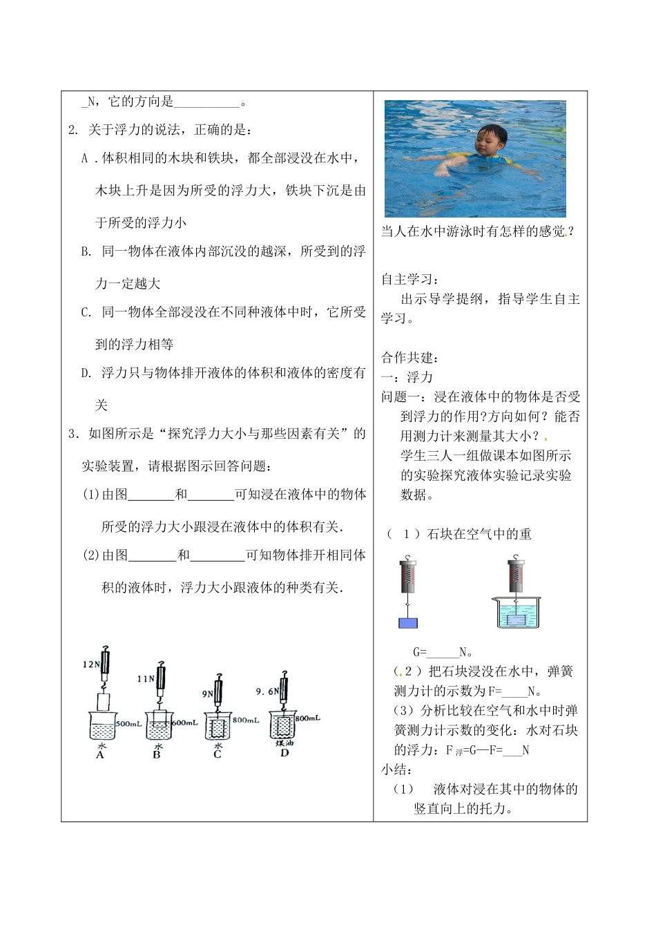 安徽省芜湖市芜湖县湾沚镇三元初级中学八年级物理全册《浮力与影响浮力大小的因素》教学设计 沪科版_第2页
