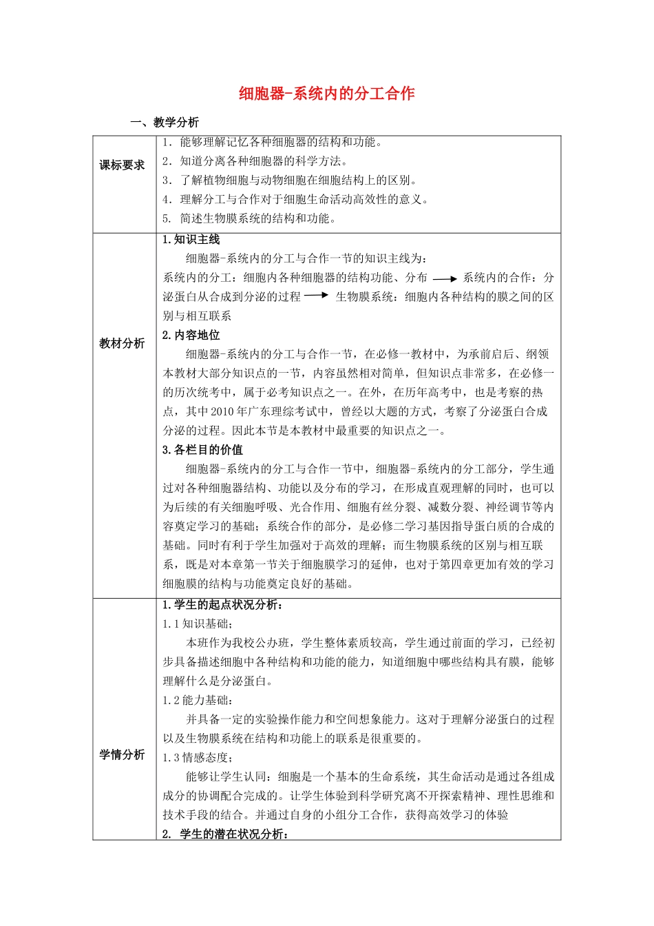 高中部高中生物 3.2《细胞器-系统内的分工合作》教学设计 新人教版必修1-新人教版高一必修1生物教案_第1页