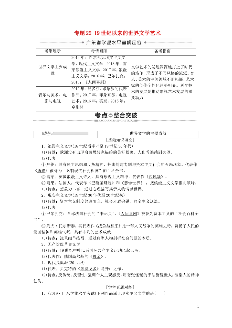 高中高中历史学业水平测试 专题22 19世纪以来的世界文学艺术教案 岳麓版-岳麓版高二全册历史教案_第1页