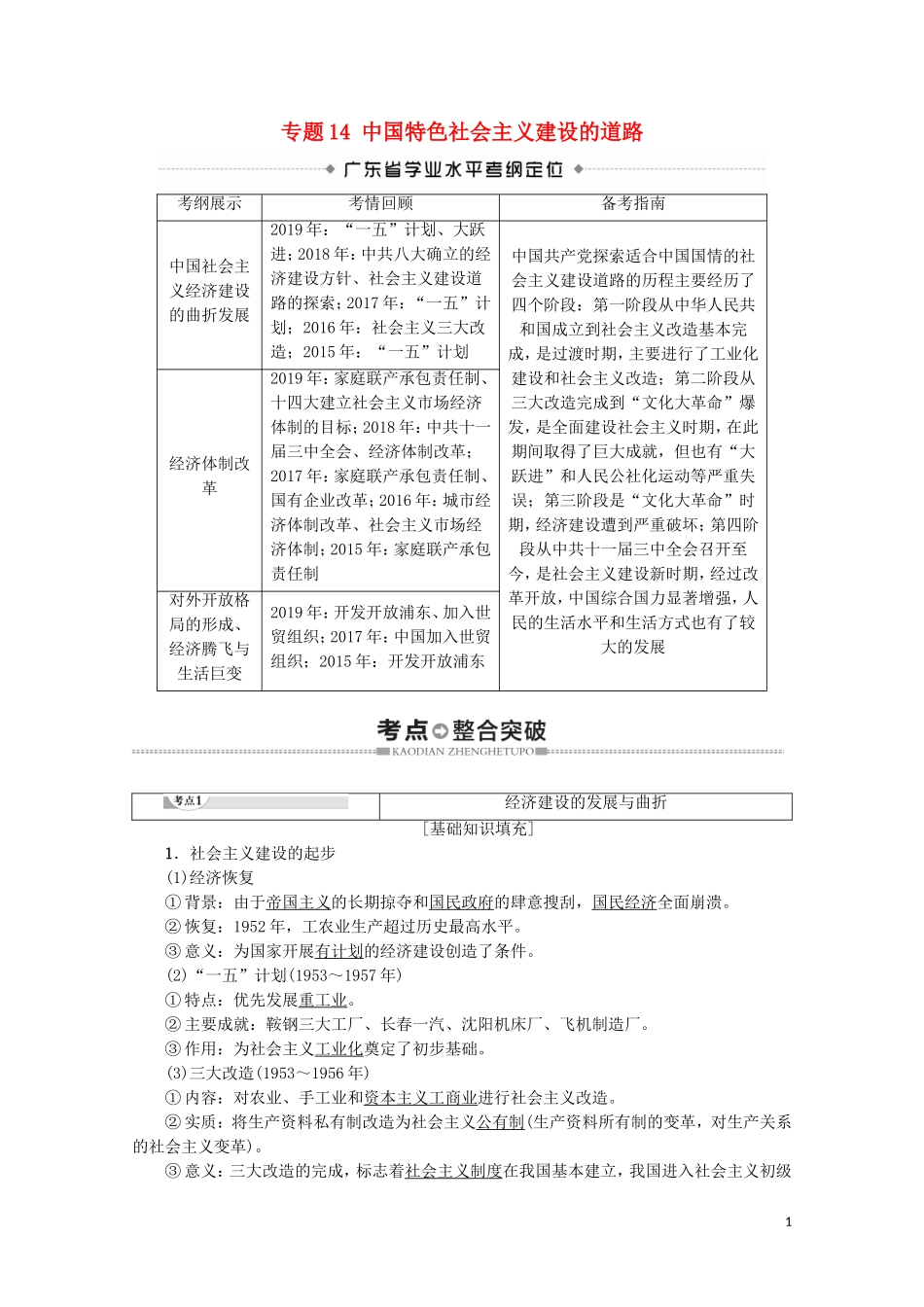 高中高中历史学业水平测试 专题14 中国特色社会主义建设的道路教案 岳麓版-岳麓版高二全册历史教案_第1页