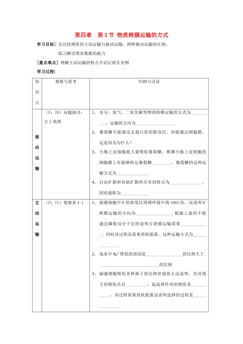 高中生物 第四章 细胞的物质输入和输出 4.3 物质跨膜运输的方式教案 新人教版必修1-新人教版高一必修1生物教案_第1页