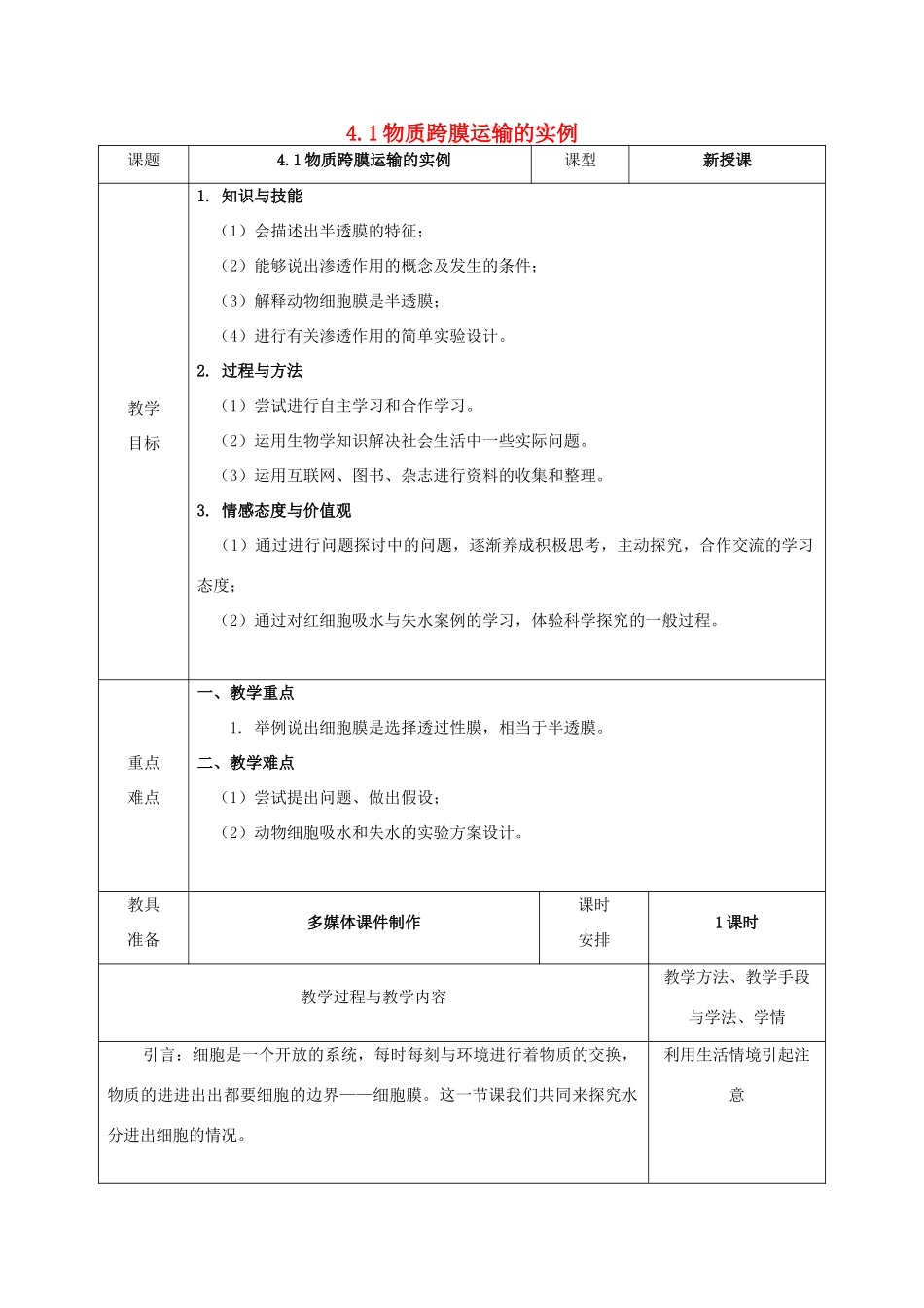 高中生物 第四章 细胞的物质输入和输出 4.1 物质跨膜运输的实例教案1 新人教版必修1-新人教版高一必修1生物教案_第1页