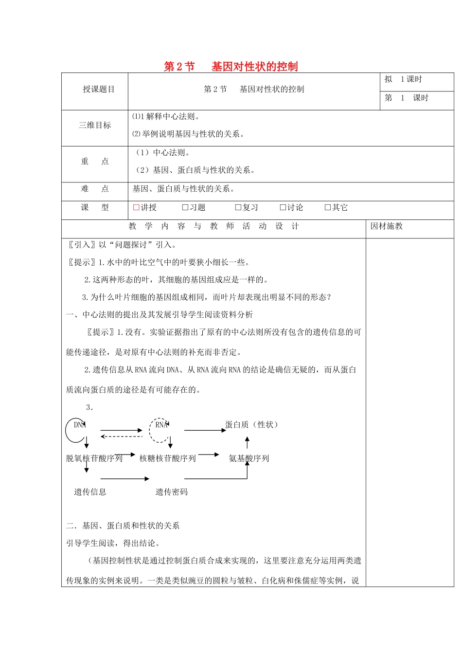 高中生物 第四章 基因的表达 4.2 基因对性状的控制教案 新人教版必修2-新人教版高一必修2生物教案_第1页