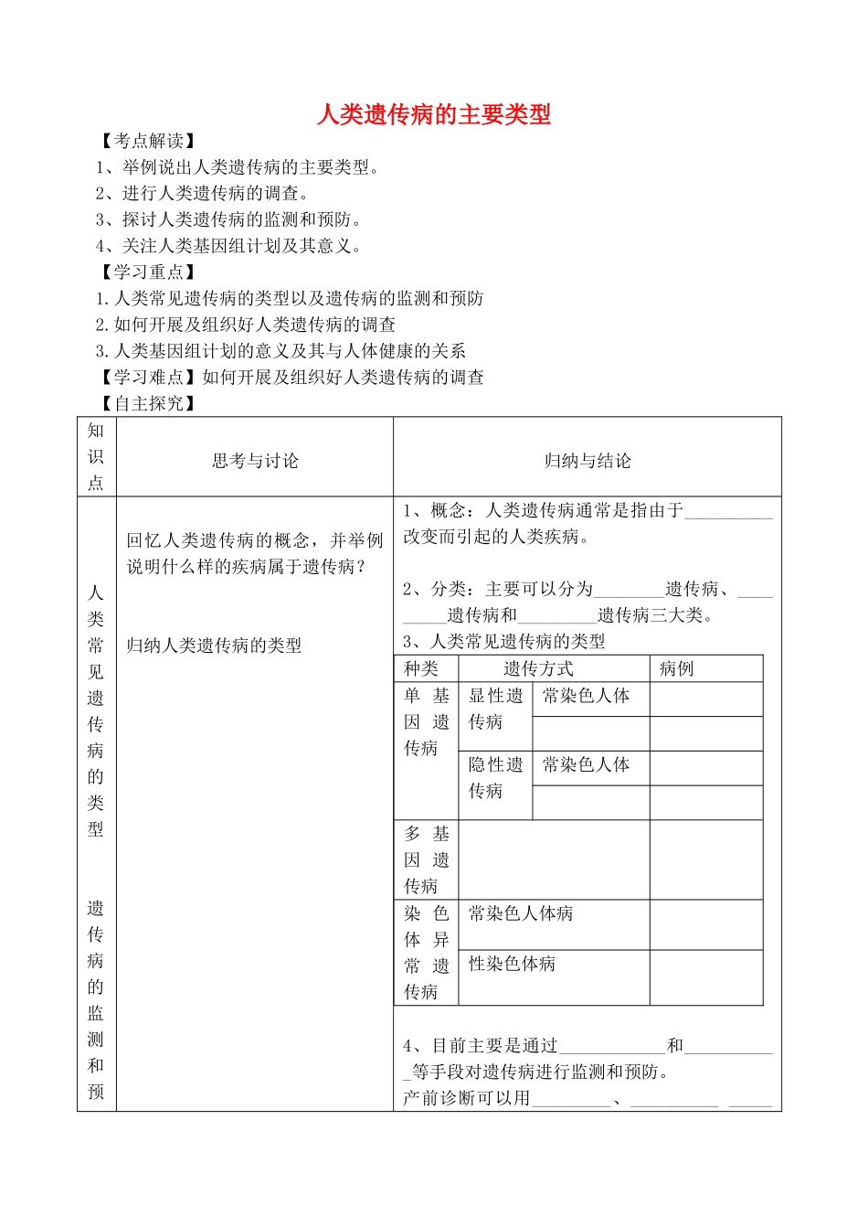 高中生物 第六章 遗传与人类健康 第一节 人类遗传病的主要类型教案4 浙科版必修2-浙科版高一必修2生物教案_第1页