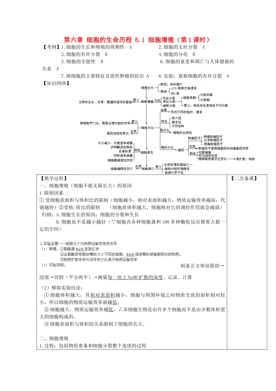 高中生物 第六章 细胞的生命历程 6.1 细胞增殖（第1课时）教案 新人教版必修1-新人教版高一必修1生物教案_第1页
