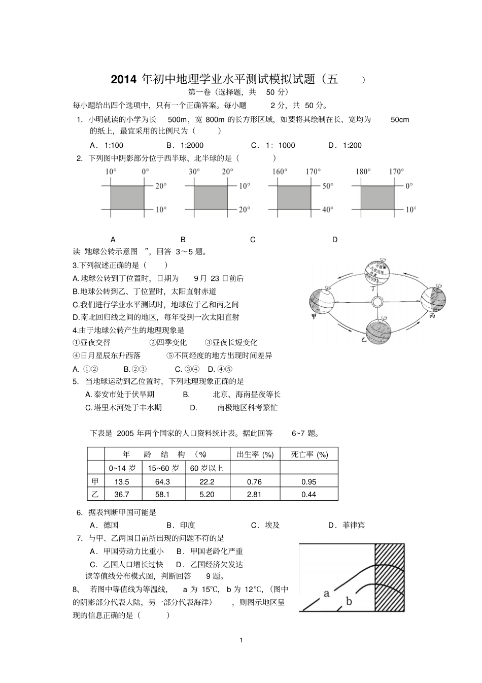 2014年初中地理学业水平测试模拟试题五剖析_第1页