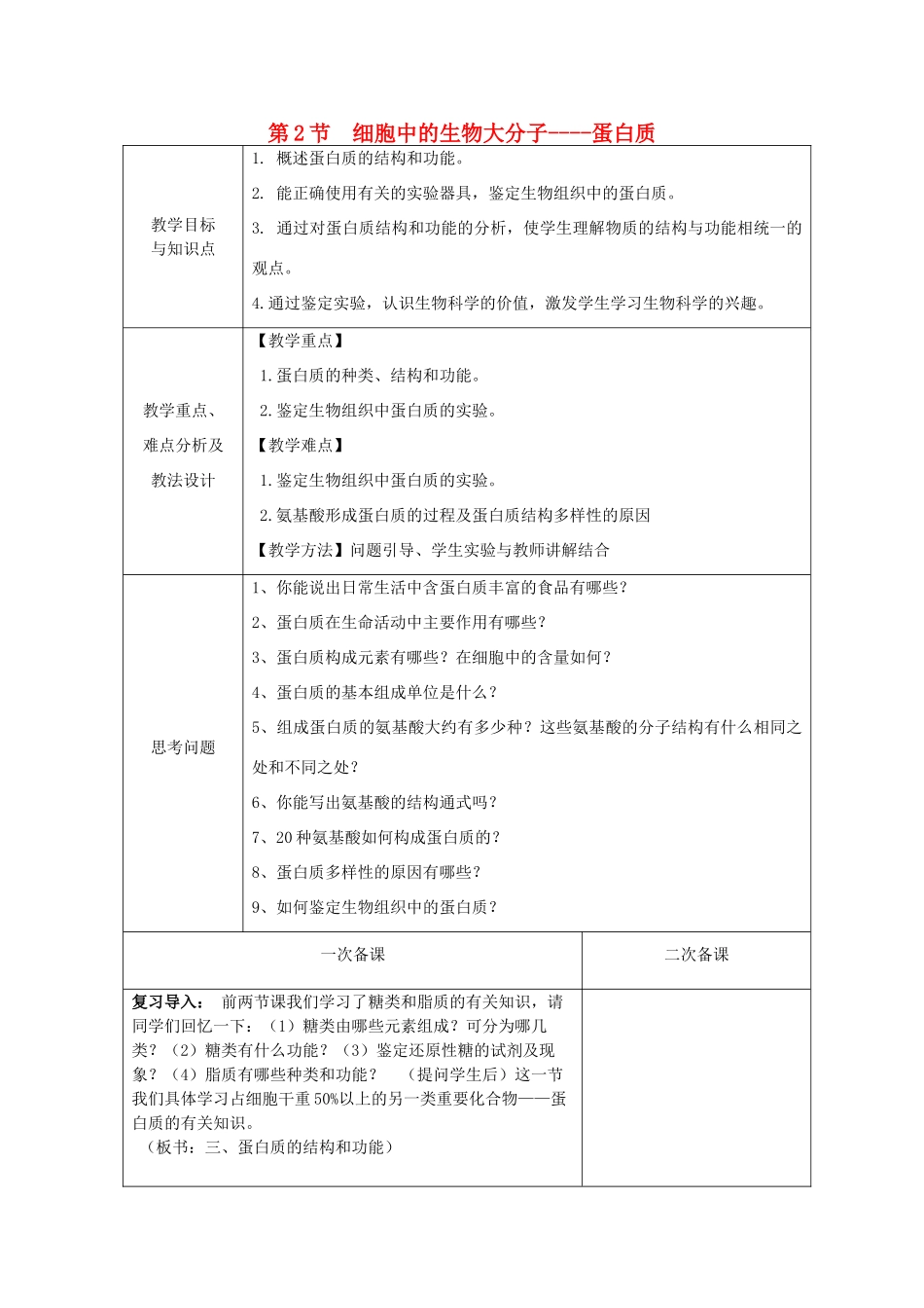 高中生物 第二章 细胞的化学组成 第2节 细胞中的生物大分子——蛋白质教案 苏教版必修1-苏教版高一必修1生物教案_第1页