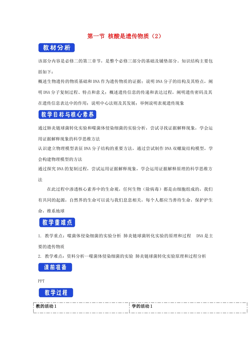 高中生物 第三章 遗传的分子基础 第一节 核酸是遗传物质教案（3）浙科版必修2-浙科版高一必修2生物教案_第1页
