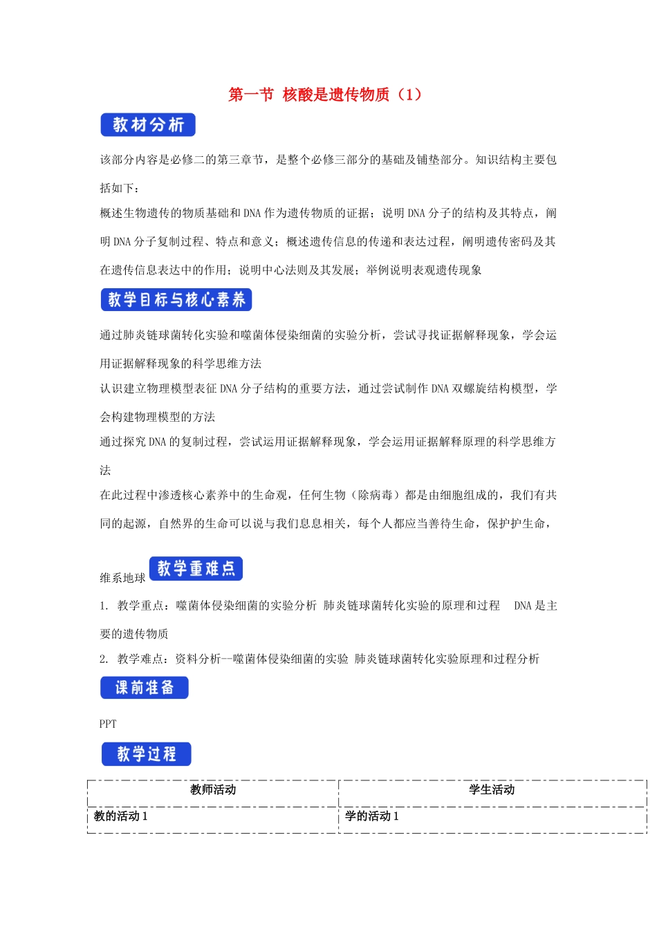 高中生物 第三章 遗传的分子基础 第一节 核酸是遗传物质教案（1）浙科版必修2-浙科版高一必修2生物教案_第1页