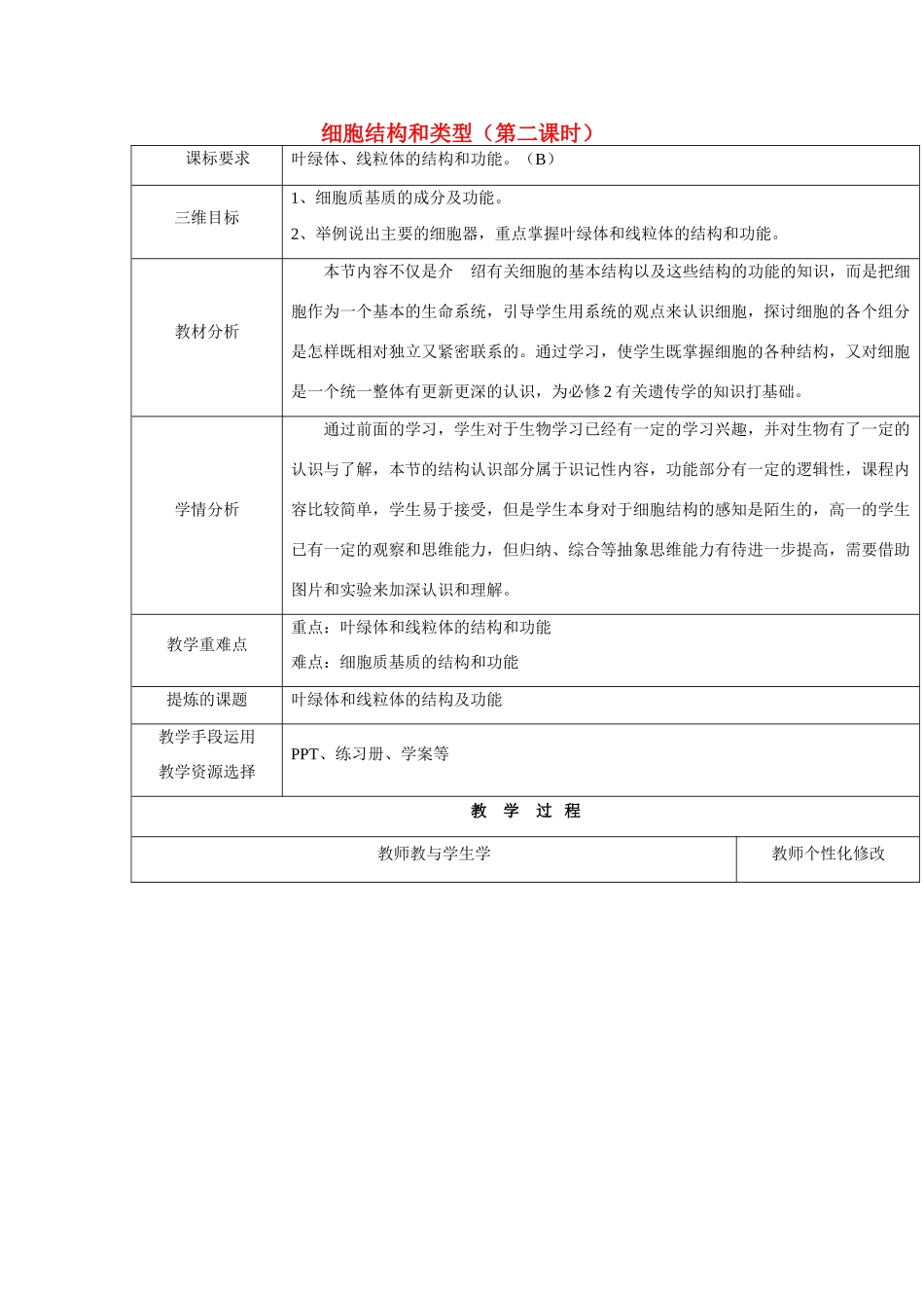 高中生物 第三章 细胞的结构和功能 3.2 细胞结构和类型 第二课时教案 苏教版必修1-苏教版高一必修1生物教案_第1页