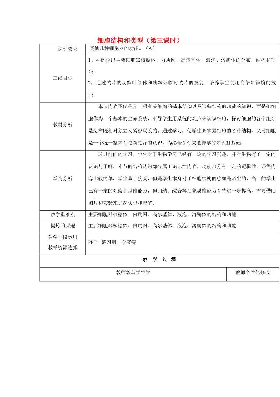 高中生物 第三章 细胞的结构和功能 3.2 细胞结构和类型 第三课时教案 苏教版必修1-苏教版高一必修1生物教案_第1页
