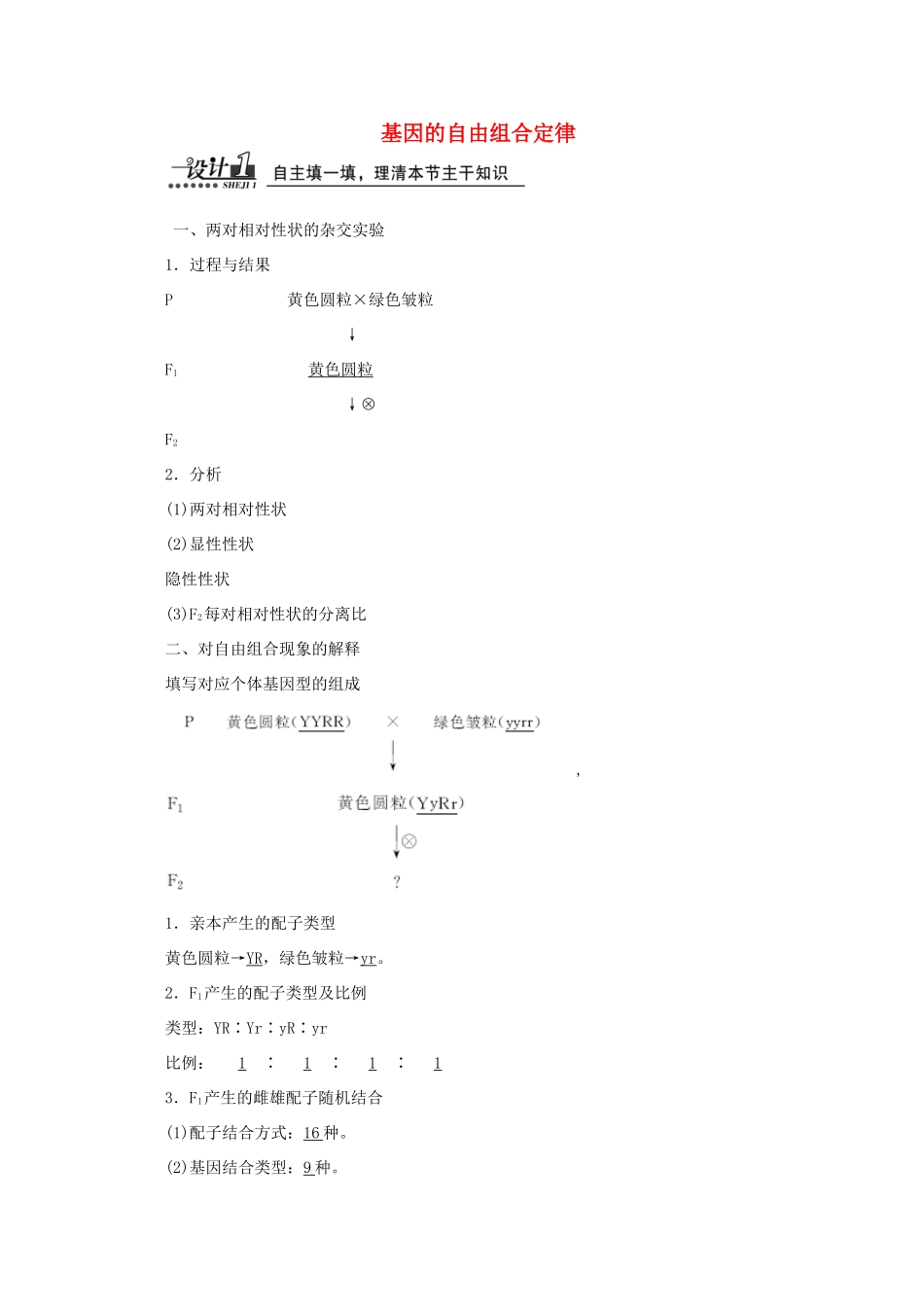 高中生物 第三章 第二节 第一讲 基因的自由组合定律教案 苏教版必修2-苏教版高一必修2生物教案_第1页