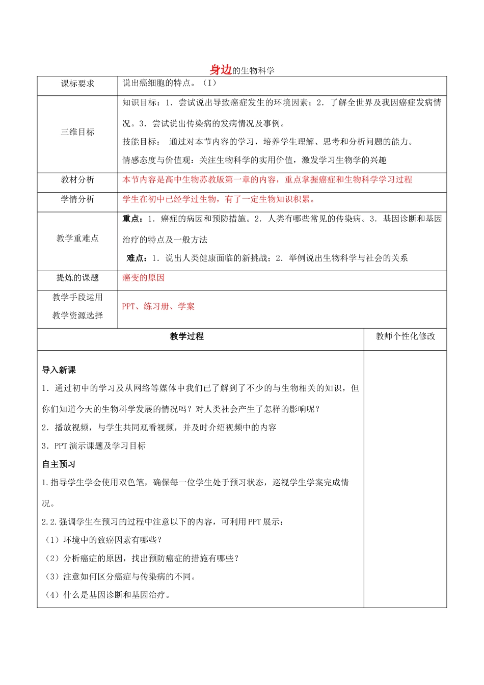 高中生物 第一章 生物科学和我们 1.1 身边的生物科学教案 苏教版必修1-苏教版高一必修1生物教案_第1页