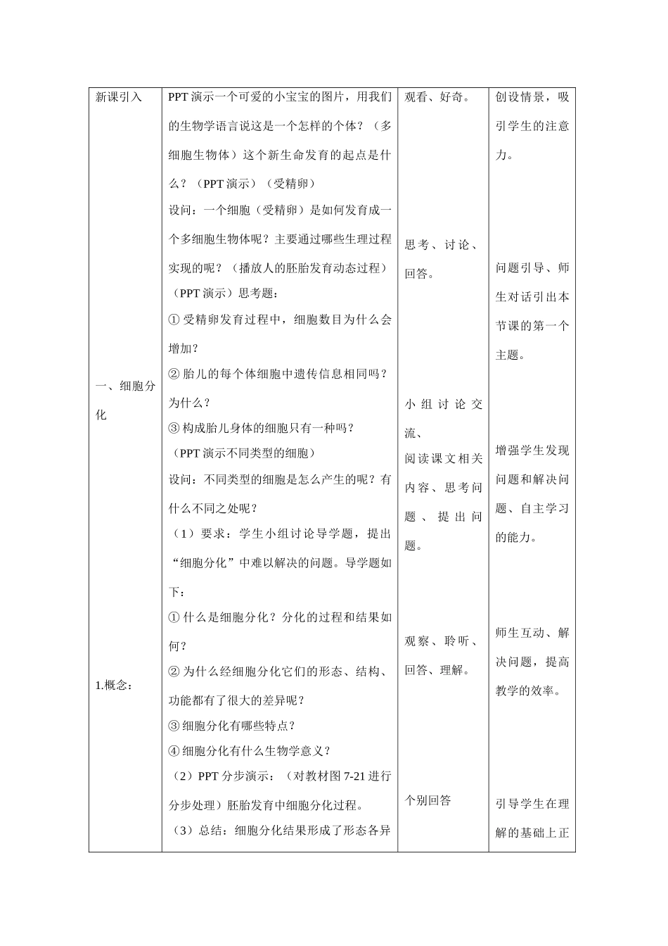 高中生物 第6章　细胞的生命历程第2节《细胞的分化》参考教案 新人教版必修1_第3页