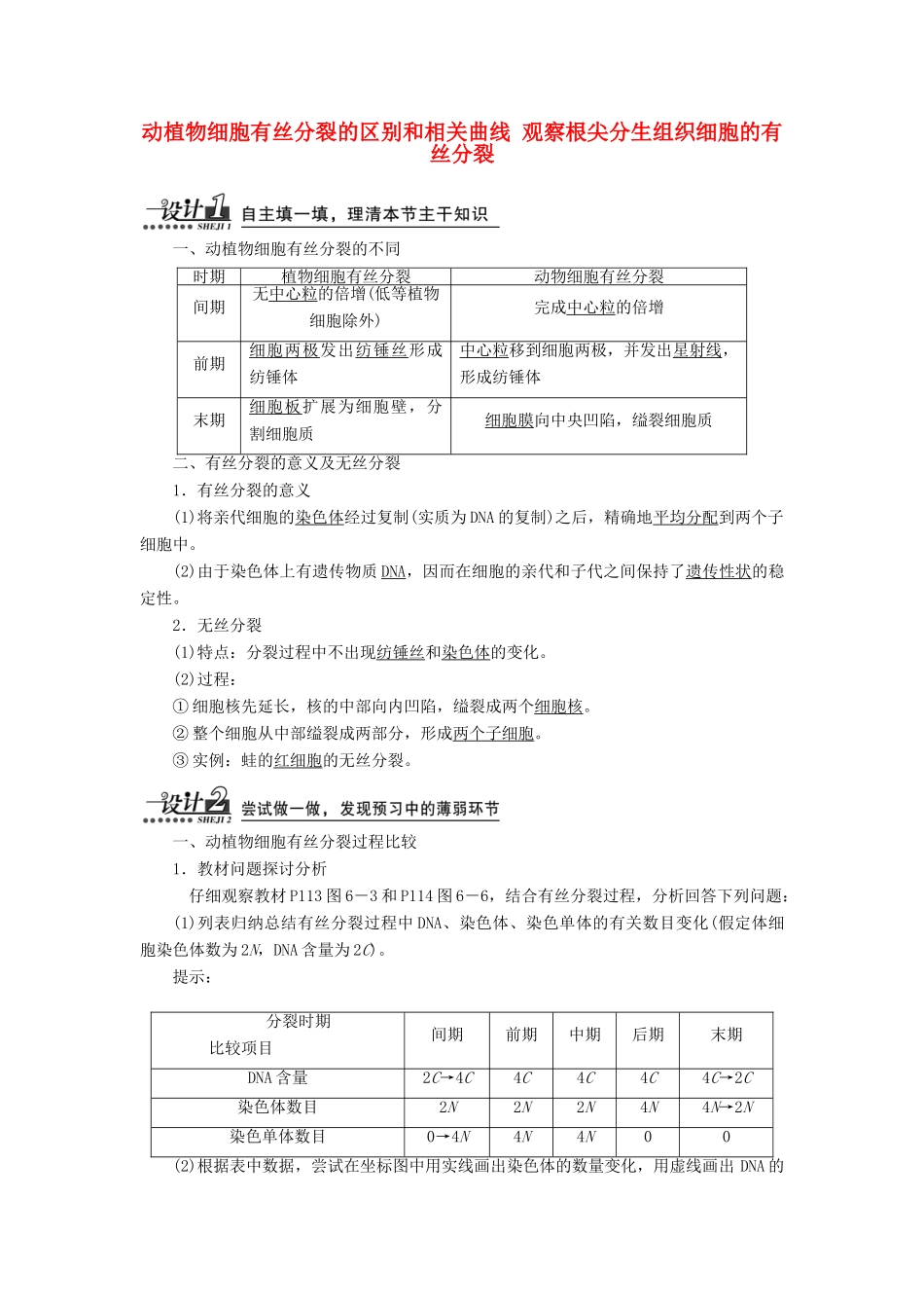 高中生物 第6章 第1节 第2课时 动植物细胞有丝分裂的区别和相关曲线 观察根尖分生组织细胞的有丝分裂教案 新人教版必修1-新人教版高一必修1生物教案_第1页
