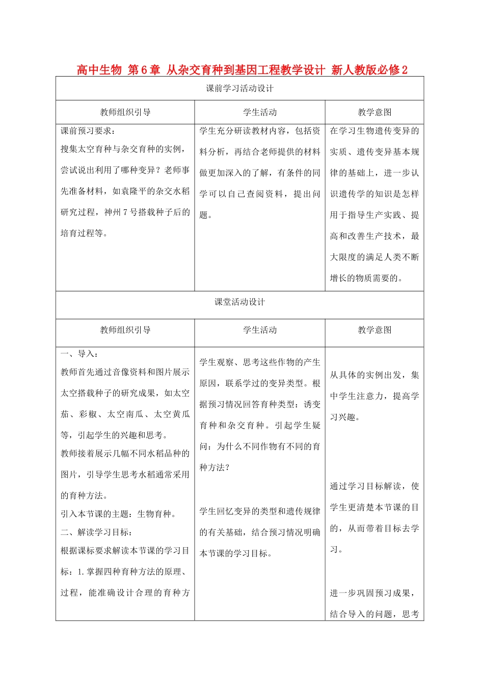 高中生物 第6章 从杂交育种到基因工程教学设计 新人教版必修2-新人教版高一必修2生物教案_第1页