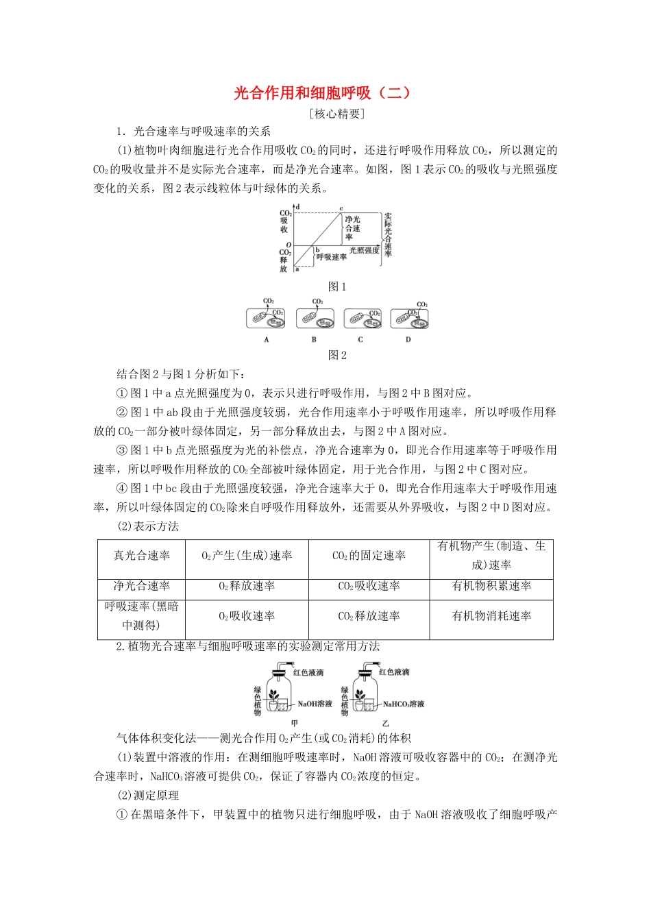 高中生物 第4章 素能提升课 光合作用和细胞呼吸（二）教案 苏教版必修1-苏教版高一必修1生物教案_第1页