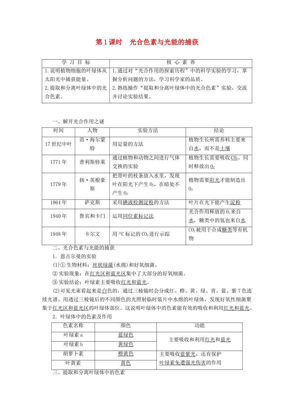 高中生物 第4章 第2节 第1课时 光合色素与光能的捕获教案 苏教版必修1-苏教版高一必修1生物教案_第1页