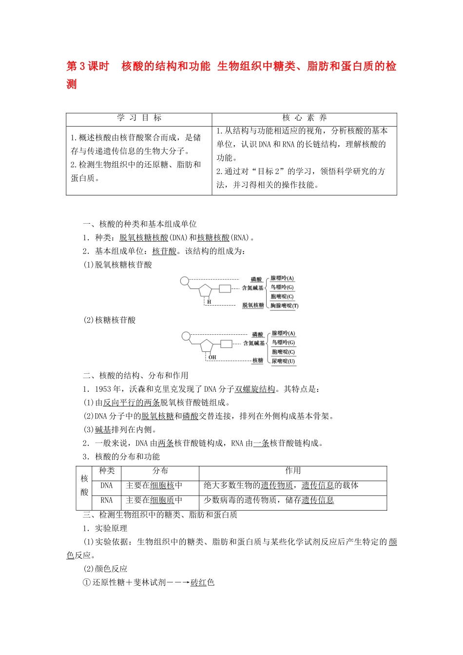 高中生物 第2章 第2节 第3课时 核酸的结构和功能 生物组织中糖类、脂肪和蛋白质的检测教案 苏教版必修1-苏教版高一必修1生物教案_第1页