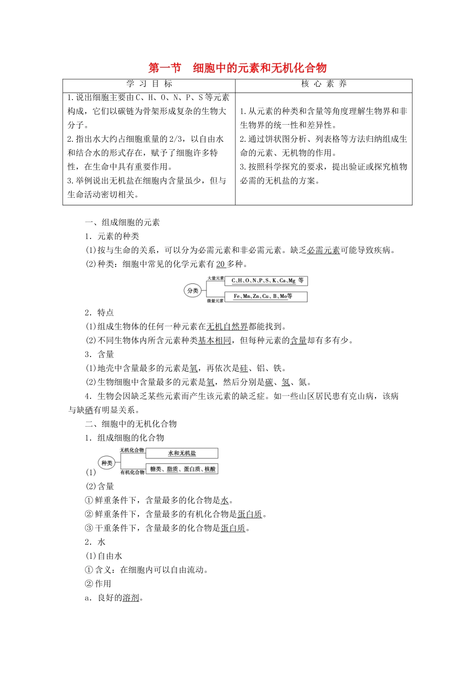 高中生物 第2章 第1节 细胞中的元素和无机化合物教案 苏教版必修1-苏教版高一必修1生物教案_第1页