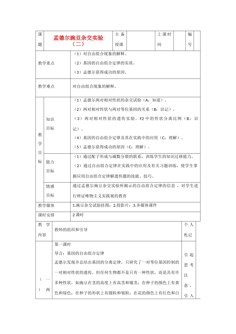 高中生物 第1章　遗传因子的发现第2节《孟德尔的豌豆杂交实验（二）》参考教案 新人教版必修2_第1页