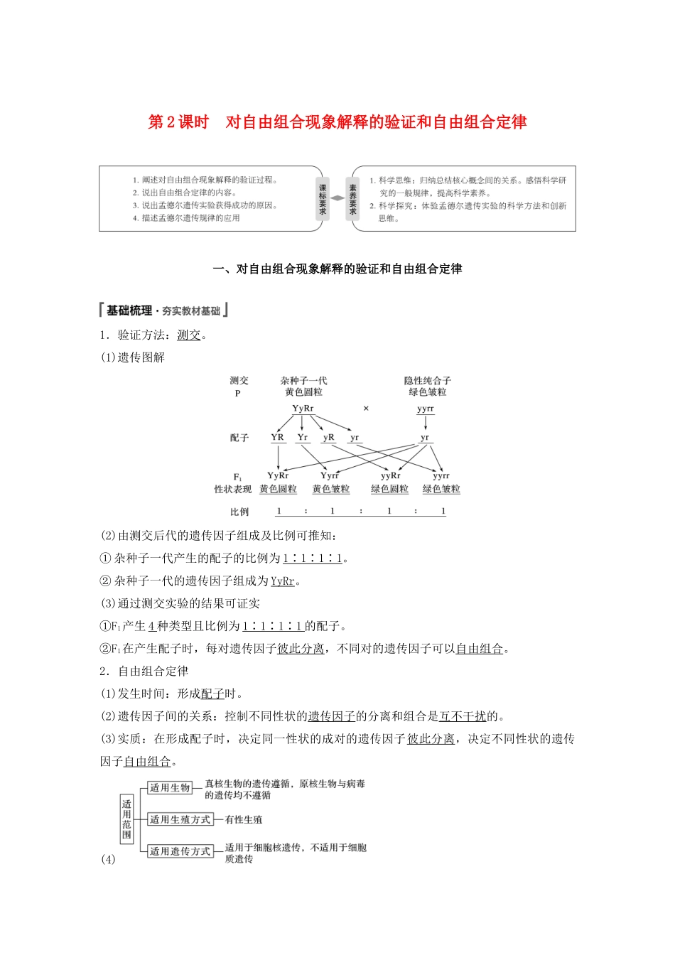 高中生物 第1章 遗传因子的发现 第2节 第2课时 对自由组合现象解释的验证和自由组合定律教案 新人教版必修第二册-新人教版高一第二册生物教案_第1页