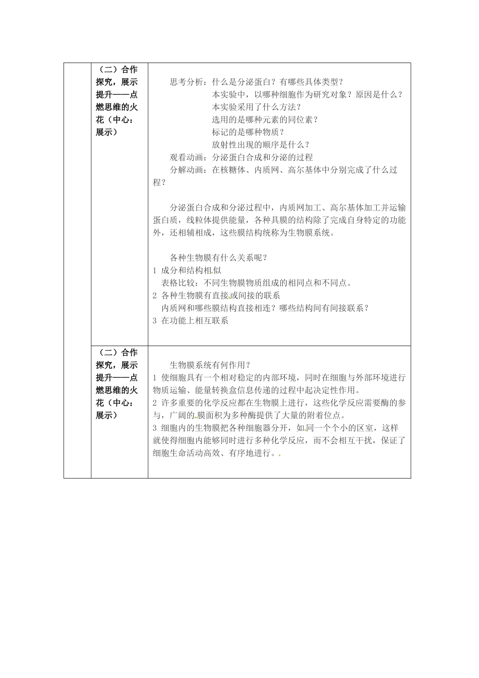 高中生物 3.2细胞器 系统内的分工合作（第二课时）教学设计 新人教版必修1-新人教版高一必修1生物教案_第2页
