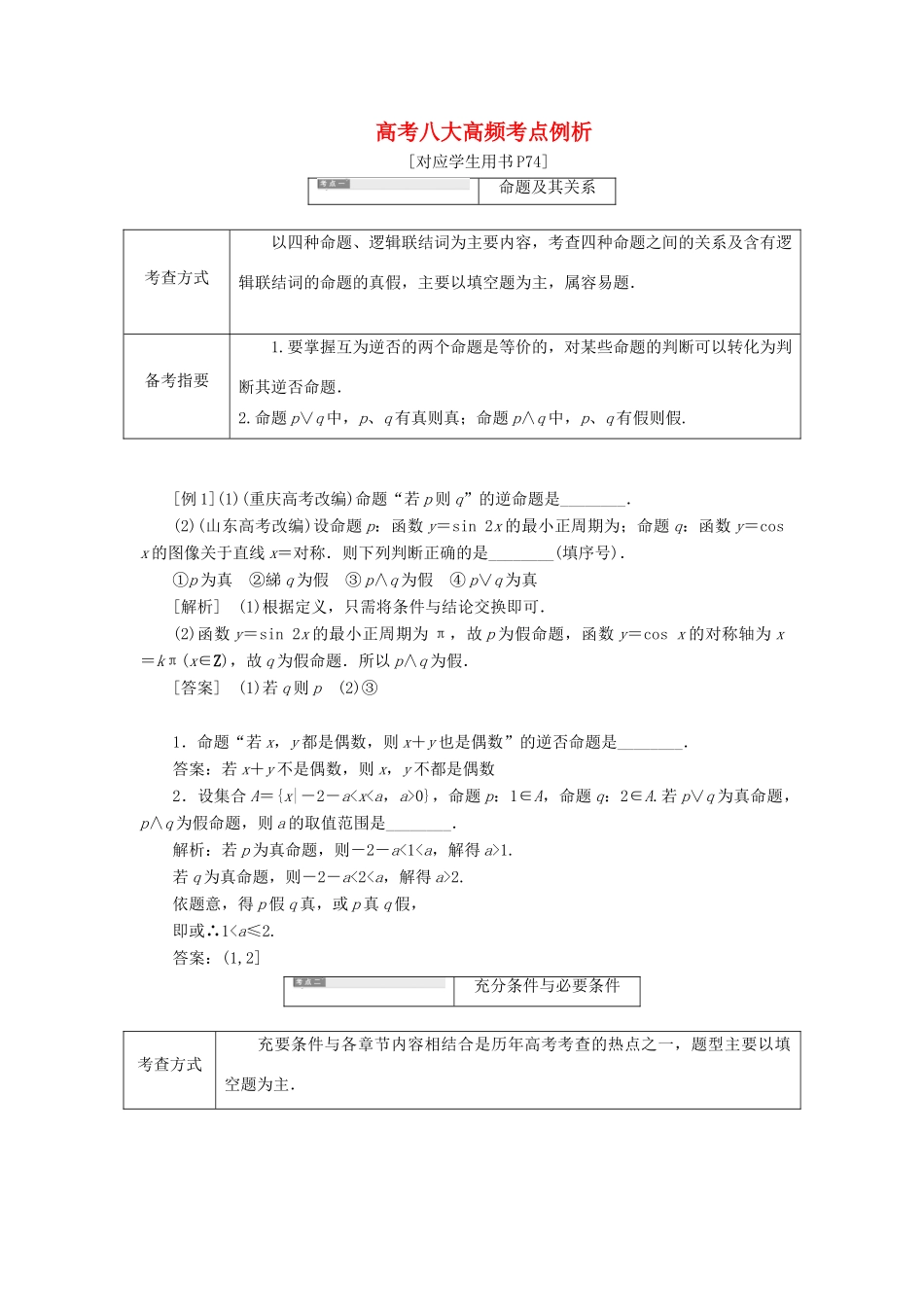 高中数学 第2部分 八大高频考点例析讲义（含解析）苏教版选修2-1-苏教版高二选修2-1数学教案_第1页