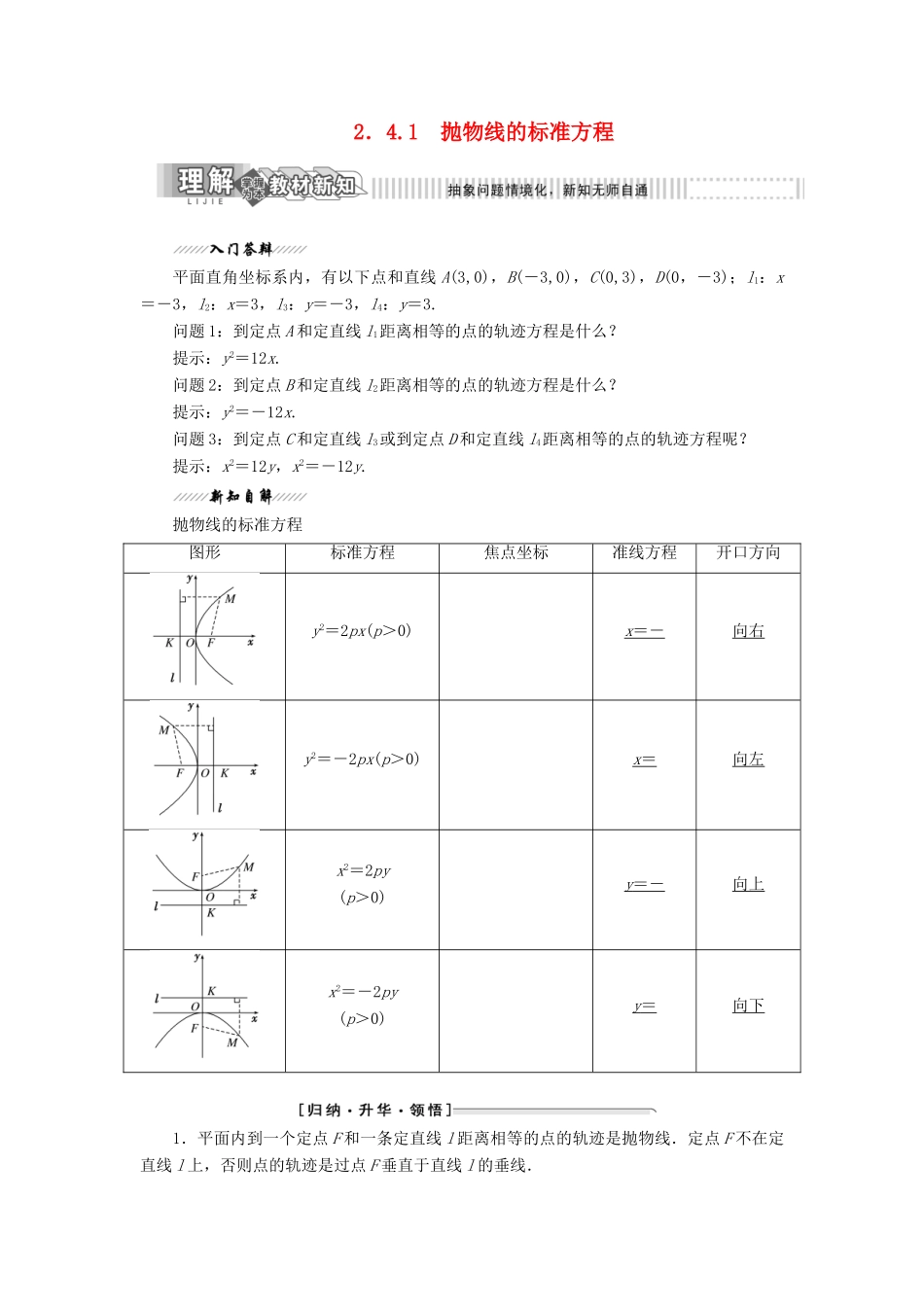 高中数学 第1部分 第2章 圆锥曲线与方程 2.4 抛物线 2.4.1 抛物线的标准方程讲义（含解析）苏教版选修2-1-苏教版高二选修2-1数学教案_第1页