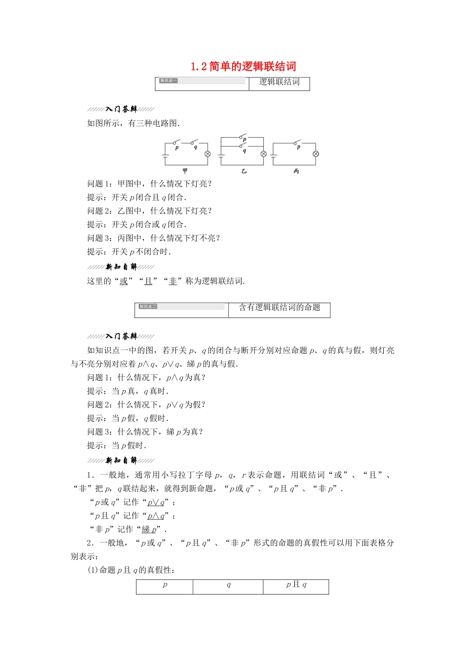 高中数学 第1部分 第1章 常用逻辑用语 1.2 简单的逻辑联结词（第一课时）“且”“或”“非”讲义（含解析）苏教版选修2-1-苏教版高二选修2-1数学教案_第1页