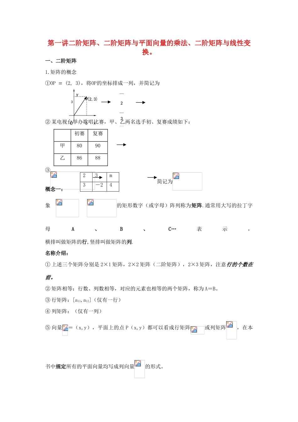 高中数学 第1课时 二阶矩阵、二阶矩阵与平面向量的乘法、二阶矩阵与线性变换教案 新人教A版选修4-2-新人教A版高二选修4-2数学教案_第1页
