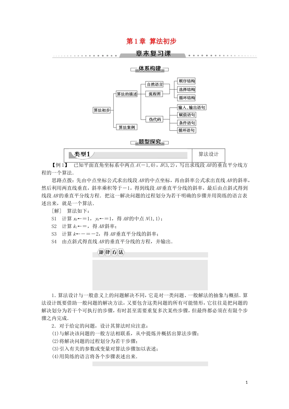 高中数学 第1章 算法初步章末复习课讲义 苏教版必修3-苏教版高一必修3数学教案_第1页