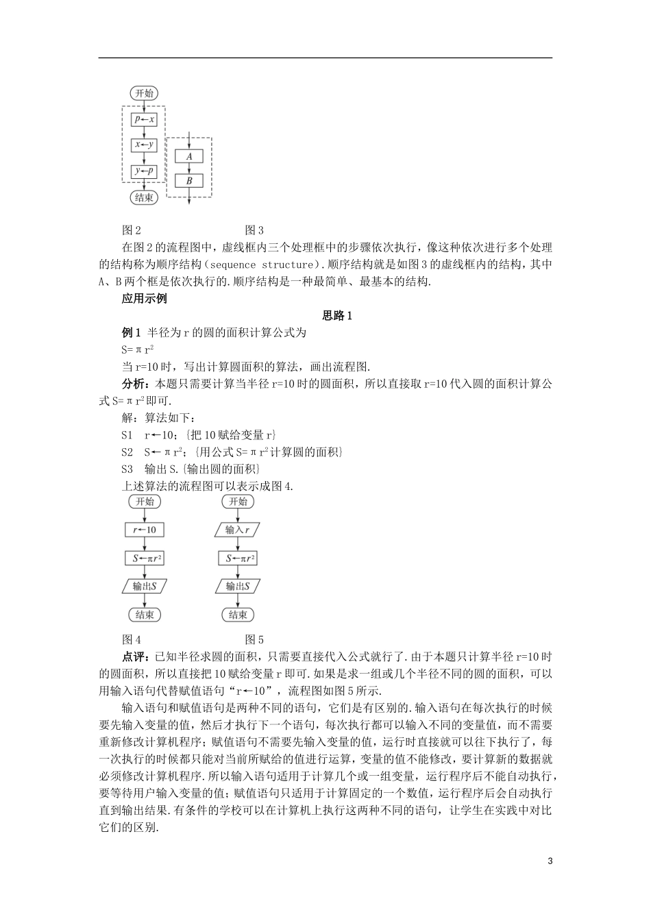 高中数学 第1章 算法初步 1.2 流程图 1.2.1 顺序结构教案 苏教版必修3-苏教版高一必修3数学教案_第3页