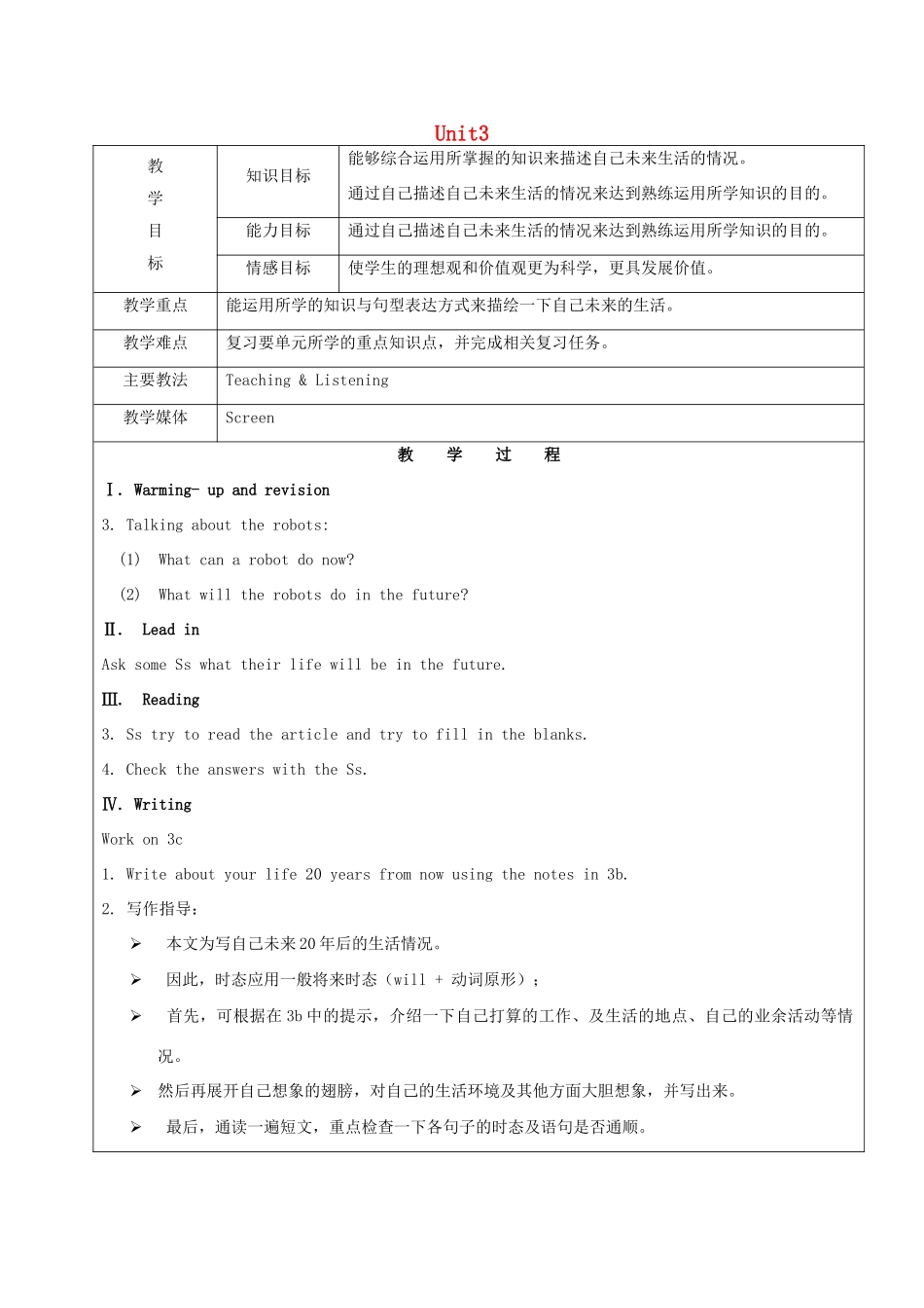 七年级英语下册 Unit 3 Will people have robots Section B4（3a-Self check）教案 鲁教版五四制-鲁教版五四制初中七年级下册英语教案_第1页