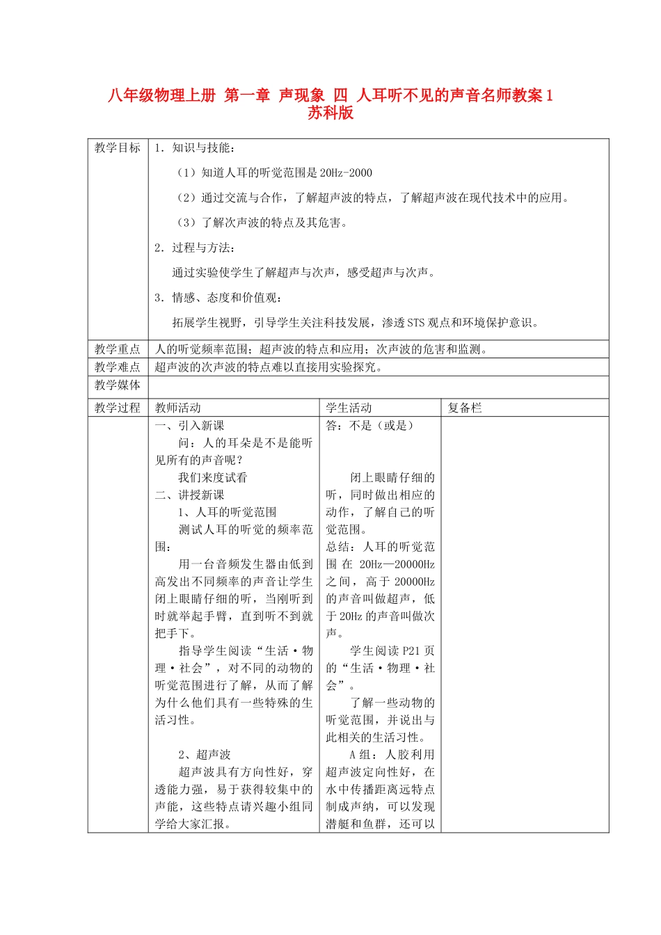 八年级物理上册 第一章 声现象 四 人耳听不见的声音名师教案1 苏科版_第1页