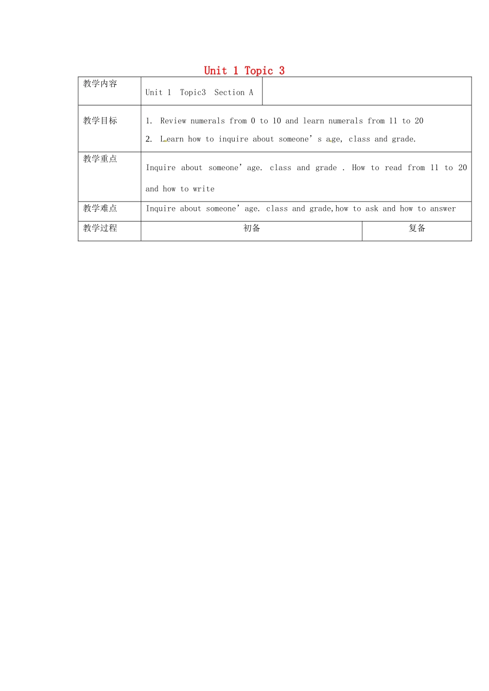 七年级英语上册 Unit 1 Topic 3 How old are you Section A教案 （新版）仁爱版-（新版）仁爱版初中七年级上册英语教案_第1页