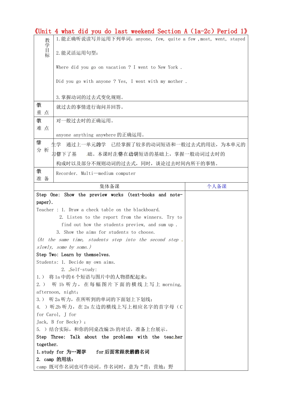 七年级英语上册《Unit 4 what did you do last weekend Section A（1a-2c）Period 1》教案 鲁教版五四制-鲁教版五四制初中七年级上册英语教案_第1页