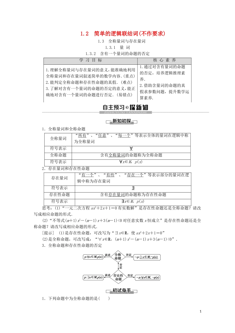 高中数学 第1章 常用逻辑用语 1.2 简单的逻辑联结词（不作要求）1.3 全称量词与存在量词 1.3.1 量词 1.3.2 含有一个量词的命题的否定讲义 苏教版选修2-1-苏教版高二选修2-1数学教案_第1页